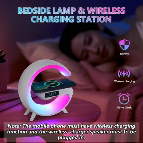 Miniatura 2 de LeeNabao Nuevo cargador de altavoz inalámbrico, luz de ambiente con función de carga inalámbrica, lámpara de mesa, lámpara de noche con reloj
