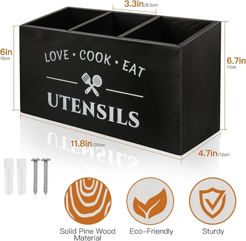 Miniatura 2 de MINCORD Soporte para utensilios de cocina con 3 compartimentos, caja organizadora de almacenamiento de madera rústica, caja organizadora