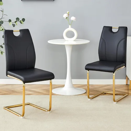 Juego de 2 sillas de comedor negras, modernas sillas de cocina de piel sintética, patas doradas cromadas, fáciles de limpiar, comedor, oficina