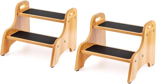 Miniatura 9 de StrongTek Taburetes de madera de 2 escalones para niños, superficie antideslizante segura con asas, capacidad de 350 libras, taburete portátil