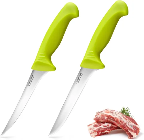 Miniatura 7 de Cook N Home Juego de cuchillos de deshuesado profesional, acero inoxidable de alto carbono, flexibles curvados y rectos, cuchillos de cocina