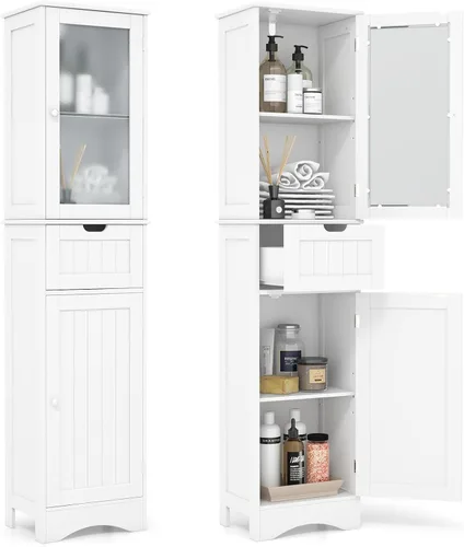 Miniatura 10 de Tangkula Armario de almacenamiento de baño de 67 pulgadas de alto, torre independiente delgada con 2 puertas y 1 cajón, gabinete de piso estrecho