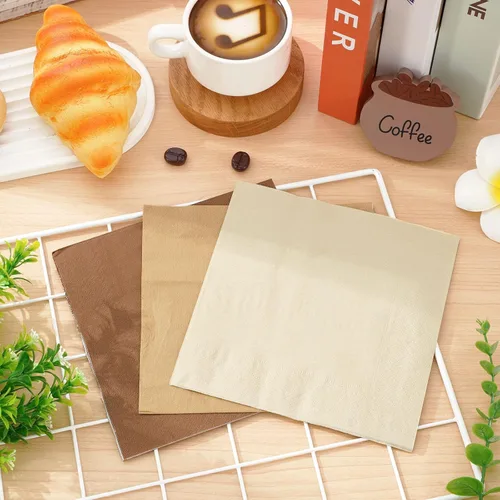 Miniatura 5 de Whaline Paquete de 150 Servilletas Marrones de 6.5 x 6.5 Pulgadas, Servilletas de Papel Desechables de 3 Colores con Tema Marrón de Otoño