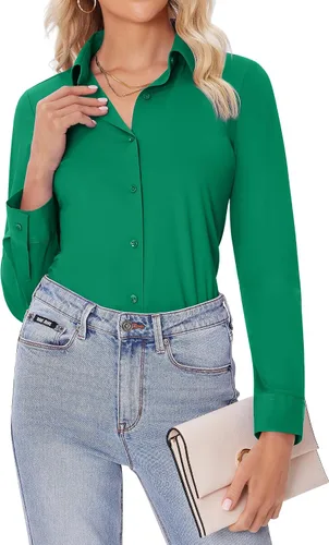 Miniatura 29 de siliteelon Camisas con botones para mujer, ajustadas, de manga larga, elásticas, de vestir, camisas de trabajo, sin arrugas, blusas de oficina