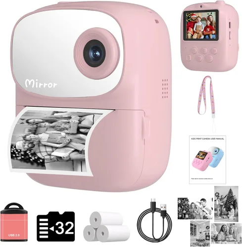 Miniatura 8 de Cámara de Niños con Impresión Instantánea para Niños, Cámara Instantánea con Espejo, Cámara Digital Selfie HD de Doble Lente con 3 Rollos de Papel