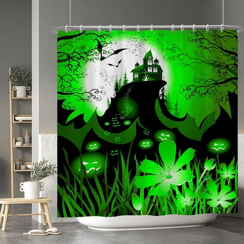 Miniatura 155 de Cortina de ducha de fantasma y gato negro para niños, 36 x 72 pulgadas, espeluznante y bonita, cortina de baño de Halloween con 6 ganchos, cortina