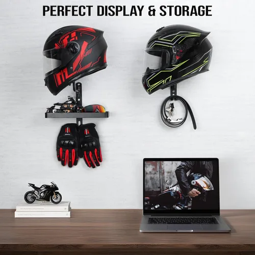 Miniatura 5 de PUERSI Soporte para Casco de Pared con Estante, Soporte de Rotación de 180° para Almacenamiento de Casco para Motocicleta, Bicicleta, Ropa Deportiva