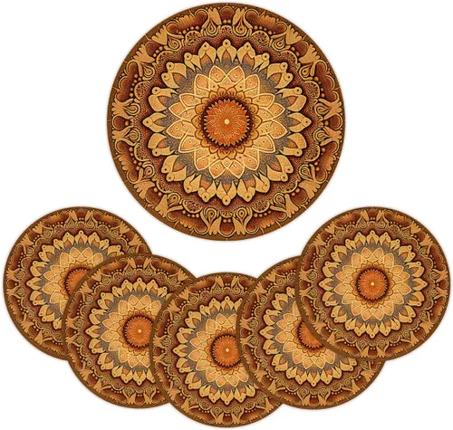 Miniatura 2 de Juego de 4 manteles individuales redondos, manteles individuales tejidos con mandala dorados, antideslizantes, resistentes al calor, lavables