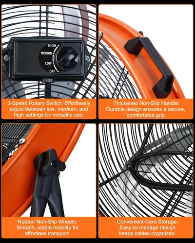 Miniatura 7 de JVO Ventilador de tambor de piso industrial de 24 pulgadas, ventilador de piso de alta velocidad de 9500 CFM con 8 aspas y ventilador grande de 3