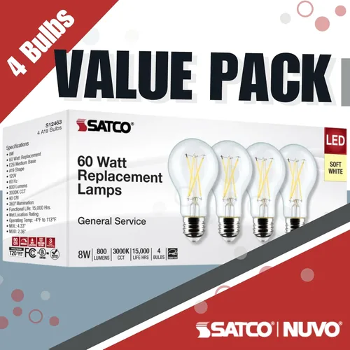 Miniatura 5 de Satco S12463 - Bombillas LED de 8 W, 120 V, 3000 K, color blanco suave, 800 lúmenes, regulables, 2 paquetes de 4 (8 bombillas en total)
