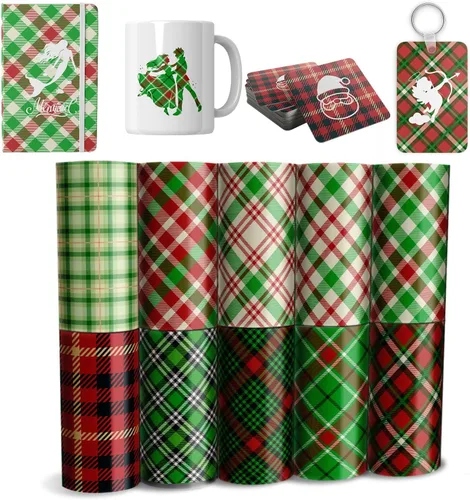 Hojas de transferencia, 10 unidades de 12 x 4.5 pulgadas, papel de sublimación a cuadros de Navidad pre-ed para prensa de tazas, posavasos, bolsa de