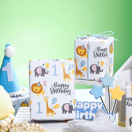Miniatura 5 de WRAPAHOLIC Papel de regalo de primer cumpleaños, mini rollo, 17 pulgadas x 9.8 pies, bonito papel de regalo de animales para niños, niñas, niños