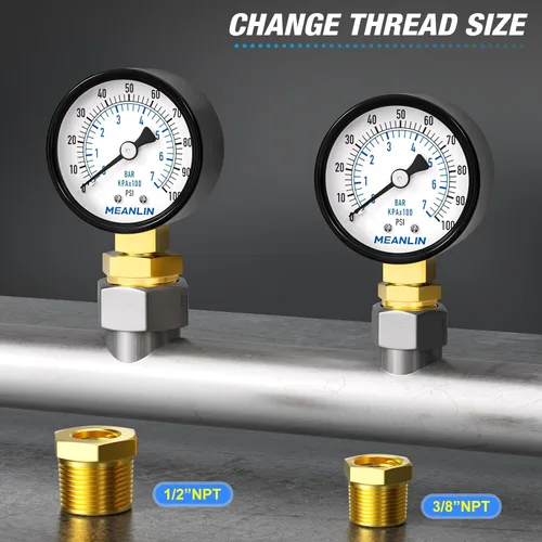 Miniatura 5 de MEANLIN MEASURE Manómetro de presión de bomba de pozo de 0-100 Psi, cara de dial de 2", NPT de 1/4", con buje hexagonal de 1/2" NPT y 3/8" NPT