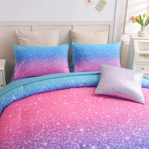 Miniatura 8 de A Nice Night Juego de ropa de cama de 6 piezas con purpurina degradada para niñas, tamaño Twin, juego de edredón colorido de galaxia arcoíris, Azul