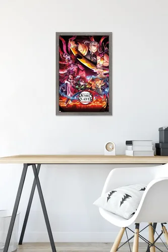 Miniatura 6 de Demon Slayer - Póster de pared Key Visual 1, 22.4 pulgadas de largo x 14.7 pulgadas de ancho, versión enmarcada de madera de granero