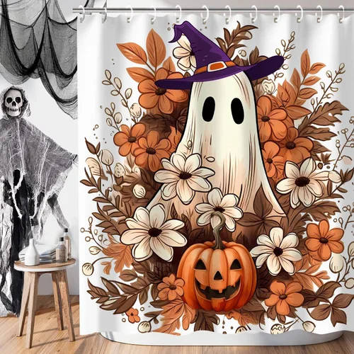 Cortina de ducha de Halloween, cortina de ducha de fantasma espeluznante con 12 ganchos, cortinas de ducha florales de Halloween para decoración de