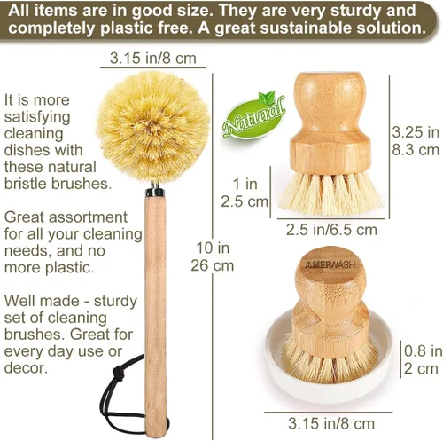 Miniatura 2 de Juego de cepillos de madera para platos limpios, sartenes y verduras, cerdas naturales de bambú con plato de cerámica, 1 cepillo de mango largo + 2