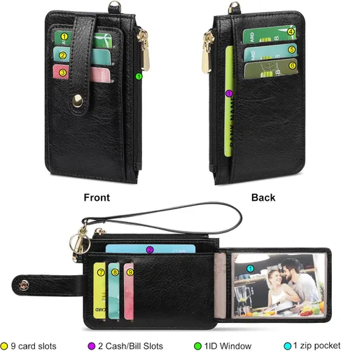 Miniatura 7 de SENDEFN Cartera delgada de piel con bloqueo RFID para tarjetas de crédito con bolsillo con cremallera