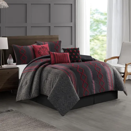 Miniatura 10 de Grand Avenue Juego de edredón Blanco Rojo tamaño Queen, juego de ropa de cama para todas las estaciones de 7 piezas con bordado de felpa, falda