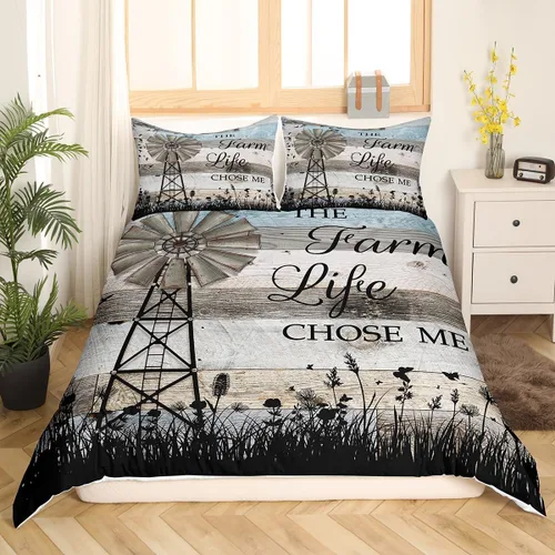 Miniatura 2 de Erosebridal Juego de funda de edredón vintage de molino de viento, tamaño Queen, estilo rústico de granja, estilo vintage, estilo campesino, Multi 13