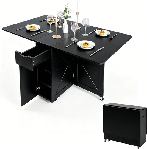 Mesa de comedor plegable con cajón y estantes de almacenamiento, mesa de comedor plegable de 53" que ahorra espacio con 6 ruedas, mesa de hoja