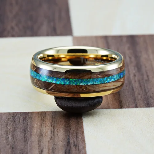 Miniatura 4 de 100S JEWELRY Anillos de tungsteno de oro de 14 quilates para hombre, barril de whisky y ópalo verde, alianza de compromiso de boda tamaño 6-16