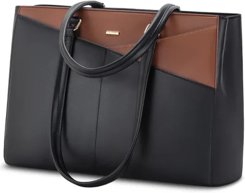 Miniatura 24 de LOVEVOOK Bolsa de mano para computadora portátil para mujer, bolsas de trabajo de cuero de 15.6 pulgadas con soporte grande para tazas para Negro