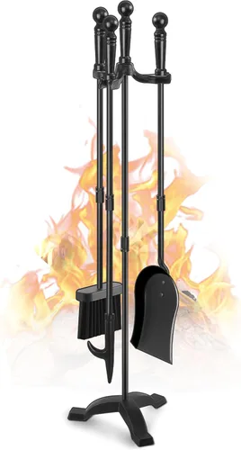 Gtongoko Juego de herramientas para chimenea de hierro forjado, 4 piezas, para interiores y exteriores, con póquer de fuego, pala, cepillo rústico,