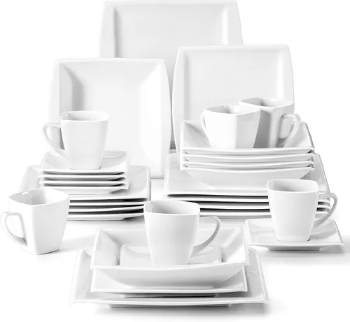 Miniatura 13 de MALACASA Juego de platos y cuencos, juego de vajilla de porcelana de 12 piezas para 4, platos cuadrados y cuencos para postre, ensalada y sopa