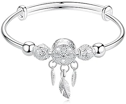 Pulsera de plata de ley 925 hecha a mano vintage con atrapasueños, pulsera ajustable tallada para regalo para mujeres en cumpleaños, aniversarios,