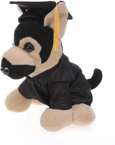 Plushland Pastor alemán de peluche para el día de graduación, texto personalizado, nombre o logotipo de tu escuela en el vestido, lo mejor para