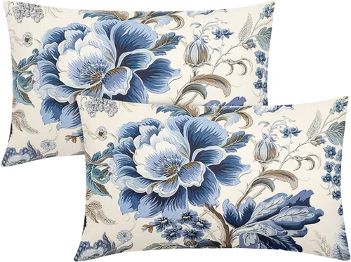 Chinoiserie - Fundas de almohada de 20 x 12 pulgadas, fundas de almohada vintage de flores azules para primavera y verano, fundas de almohada