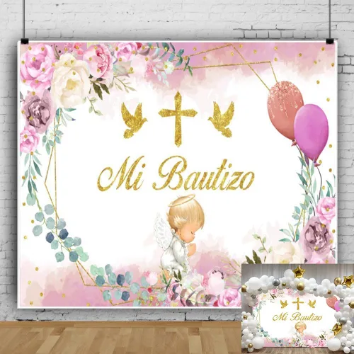 Miniatura 10 de Mi Bautizo - Telón de fondo de bautismo de 7 x 5 pies, decoración de bautizo para la primera comunión, flor azul, lindo ángel Dios bendiga fondo