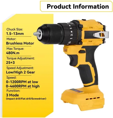 Miniatura 6 de Taladro sin escobillas compatible con batería Dewalt de 20 V (sin batería), inalámbrico de 2 velocidades (0-450/1800 RPM), par de torsión 25+1