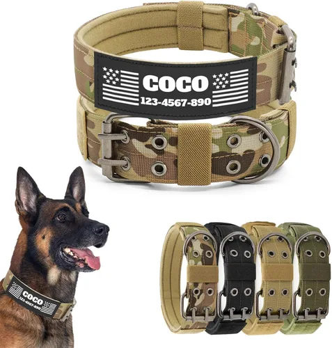 Miniatura 12 de Collar táctico personalizado para perro con parches de nombre y número de teléfono - Collar resistente personalizado con hebilla de cinturón