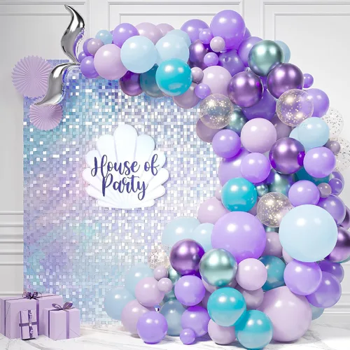 Miniatura 3 de HOUSE OF PARTY Decoraciones de globos de sirena, 165 piezas, kit de arco de globos de sirenita, morado, azul y morado claro y globos de látex