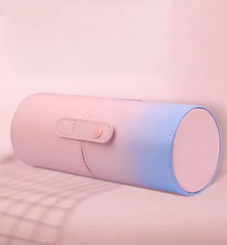 Miniatura 8 de VASANA Organizador de brochas de maquillaje de piel sintética rosa con tapa, herramientas de maquillaje portátiles, estuche organizador de gran