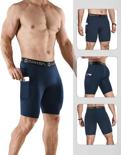 Miniatura 2 de Niksa Paquete de 2/4 pantalones cortos de compresión para hombre con bolsillo, pantalones cortos de elastano para correr, deportes, atletismo