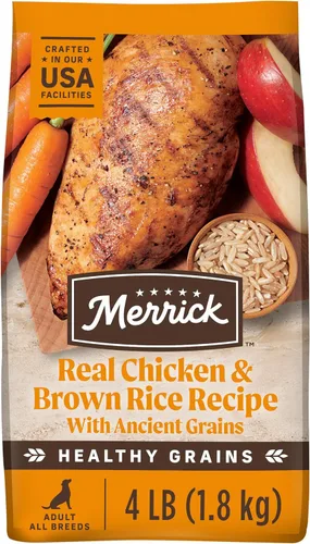 Merrick Healthy Grains - Alimento seco prémium para perros adultos, croquetas saludables y naturales con pollo y arroz integral, bolsa de 4.0 libras