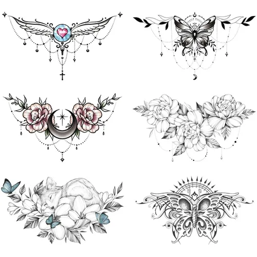 GLARYYEARS Tatuajes temporales para debajo del busto y pecho para mujeres y niñas, paquete de 6, tatuajes falsos negros, realistas, grandes,