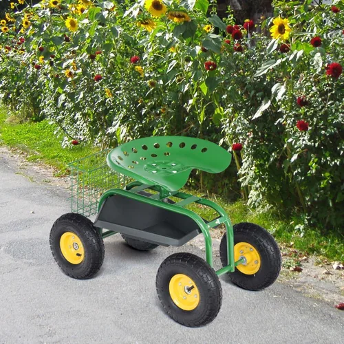 Miniatura 2 de Giantex Asiento de trabajo de jardín rodante, asiento de trabajo de jardinería giratorio 360 con ruedas, cesta de herramientas, altura ajustable