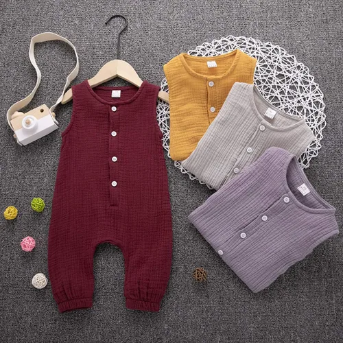 Miniatura 4 de Jumper de algodón y lino sin mangas con volantes para bebé. Ropa de verano.