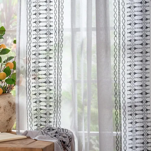 Miniatura 10 de jinchan Cortinas traslúcidas para sala de estar, dormitorio, cortinas azules bohemias bordadas, cortinas de gasa bohemias de 63 pulgadas de largo
