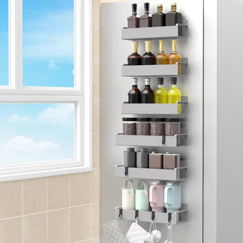 HuggieGems Paquete de 6 organizadores magnéticos para especias para refrigerador y horno, organizadores de nevera gris claro y almacenamiento para