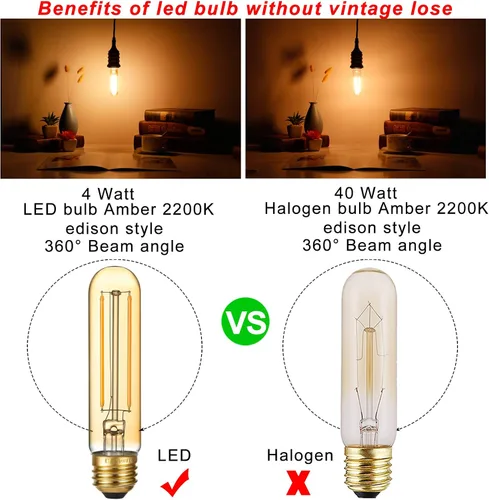 Miniatura 2 de LiteHistory Bombilla LED E26 regulable de 4 W igual a Edison de 40 W, AC120 V, bombilla tubular blanca cálida 2200 K, ámbar 250 lm, bombilla LED T10