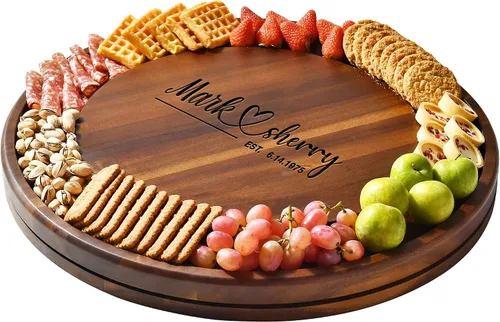 Miniatura 12 de Shanik Juego Mejorado de Tabla Giratoria Lazy Susan para Cortar Queso - Tabla Redonda de Acacia para Charcutería con 4 Tazones de Cerámica - Regalos