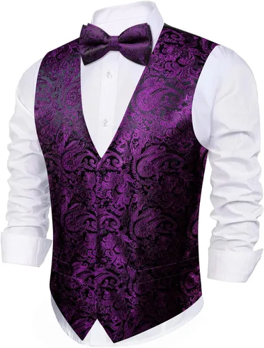 Miniatura 15 de Barry.Wang Conjunto de chaleco de pajarita para hombre, chaleco con cuello en V de seda jacquard de cachemira, gemelos de pañuelo formal/ocio, boda