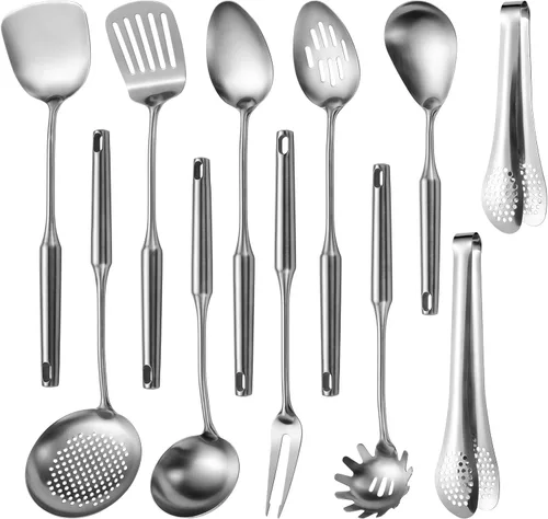 Miniatura 8 de Juego de utensilios de cocina de acero inoxidable 304 mate, 11 piezas de utensilios de cocina de metal largo con espátula, cuchara, cucharón, Dorado