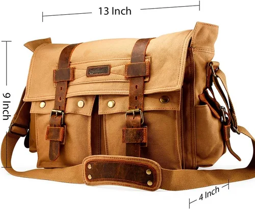 Miniatura 3 de Bolsa de mensajero para portátil vintage, de lona, de cuero, bandolera, bolso de hombro para computadora, viaje, oficina, bolso de mensajero