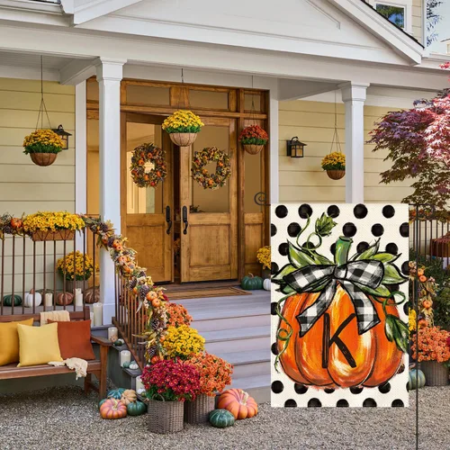 Miniatura 2 de AVOIN colorlife Bandera de jardín con monograma de otoño con letra K, diseño de calabaza, con diseño de lunares, 12 x 18 pulgadas, doble cara